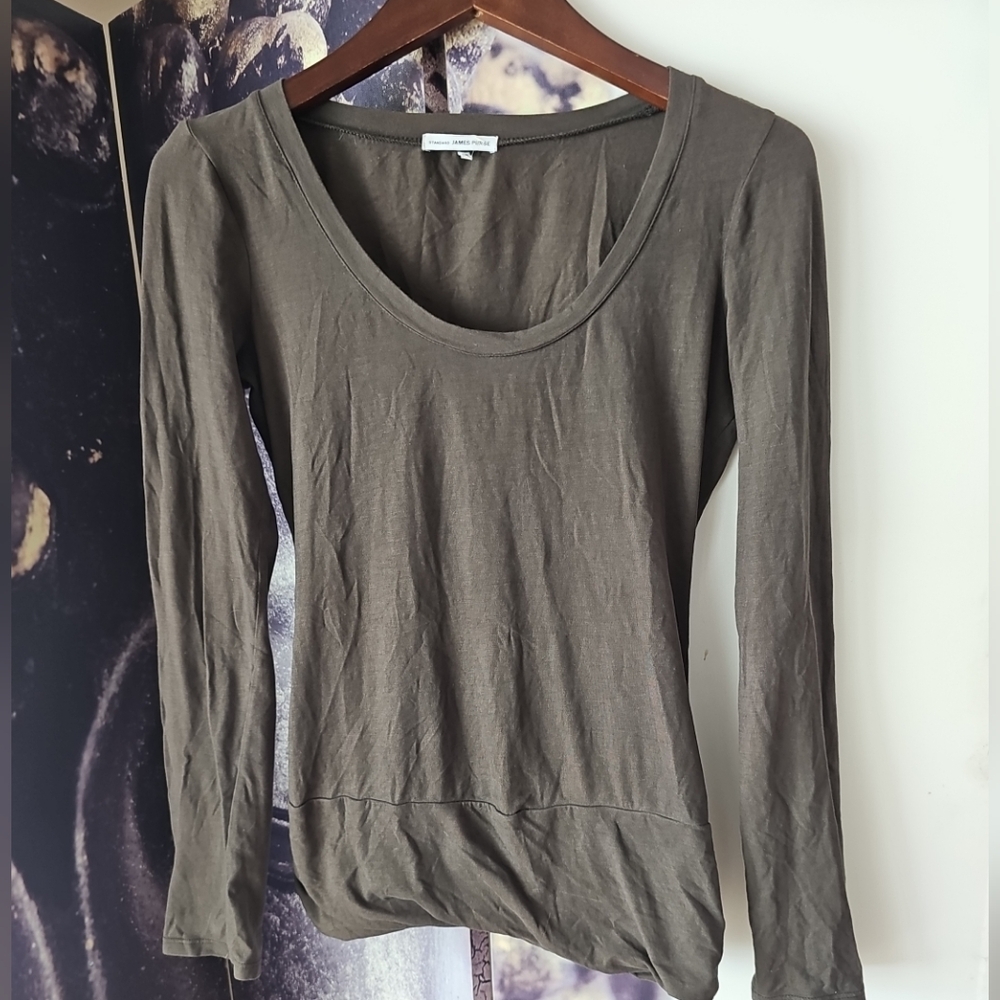 Standard James Perse Women's Banded Hem Long Sleeve Brown Scoop Neck Top Size 2
